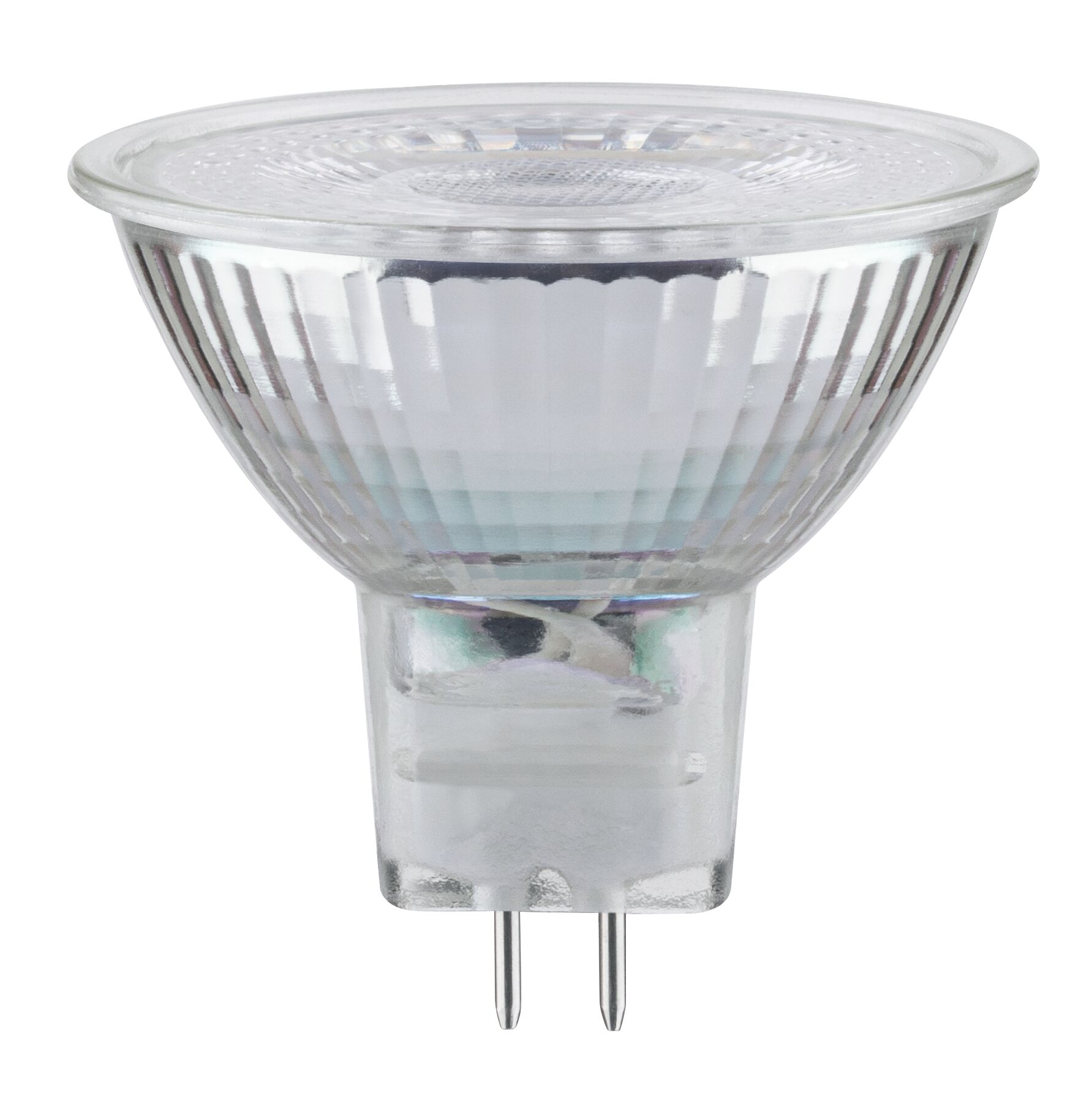 Clear MR16 halogen bulb with glass body and two metal pins for LED replacement lighting
