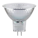 Clear MR16 halogen bulb with glass body and two metal pins for LED replacement lighting