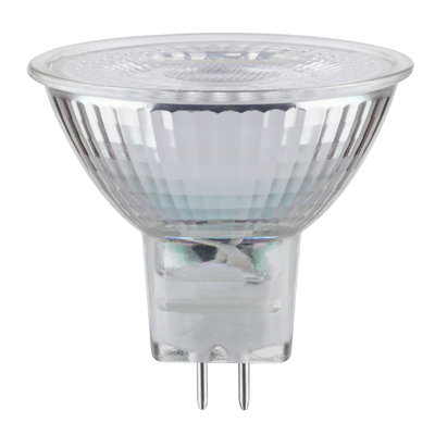 Clear MR16 halogen bulb with glass body and two metal pins for LED replacement lighting
