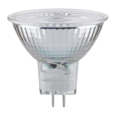 Clear MR16 halogen bulb with glass body and two metal pins for LED replacement lighting