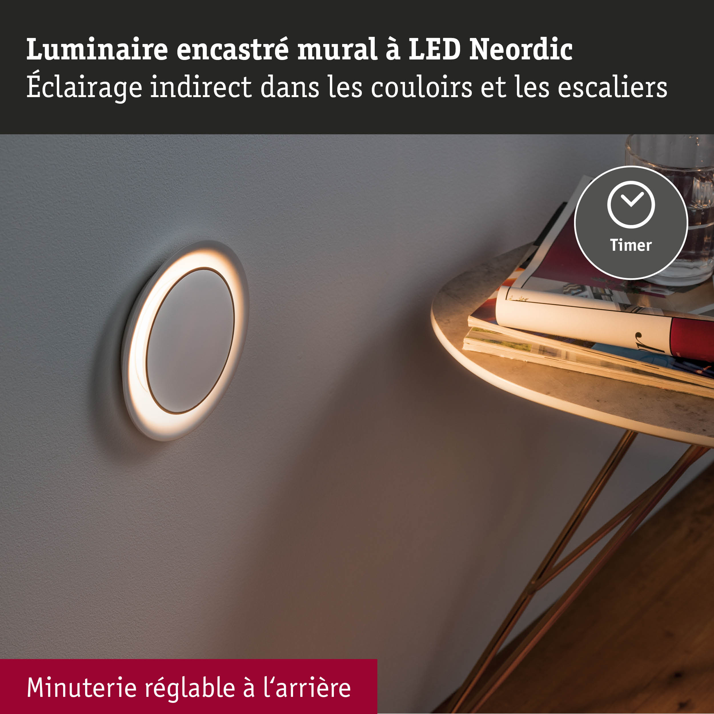 Luminaire mural LED rond blanc avec éclairage indirect pour couloirs et escaliers avec minuterie
