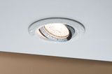 Moisture-resistant LED recessed spotlight with white frame and chrome ring, waterproof bathroom lighting