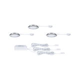 Three round LED recessed lights with chrome trim and white cables including white power supply for indoor lighting