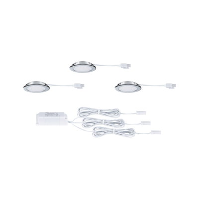 Three round LED recessed lights with chrome trim and white cables including white power supply for indoor lighting