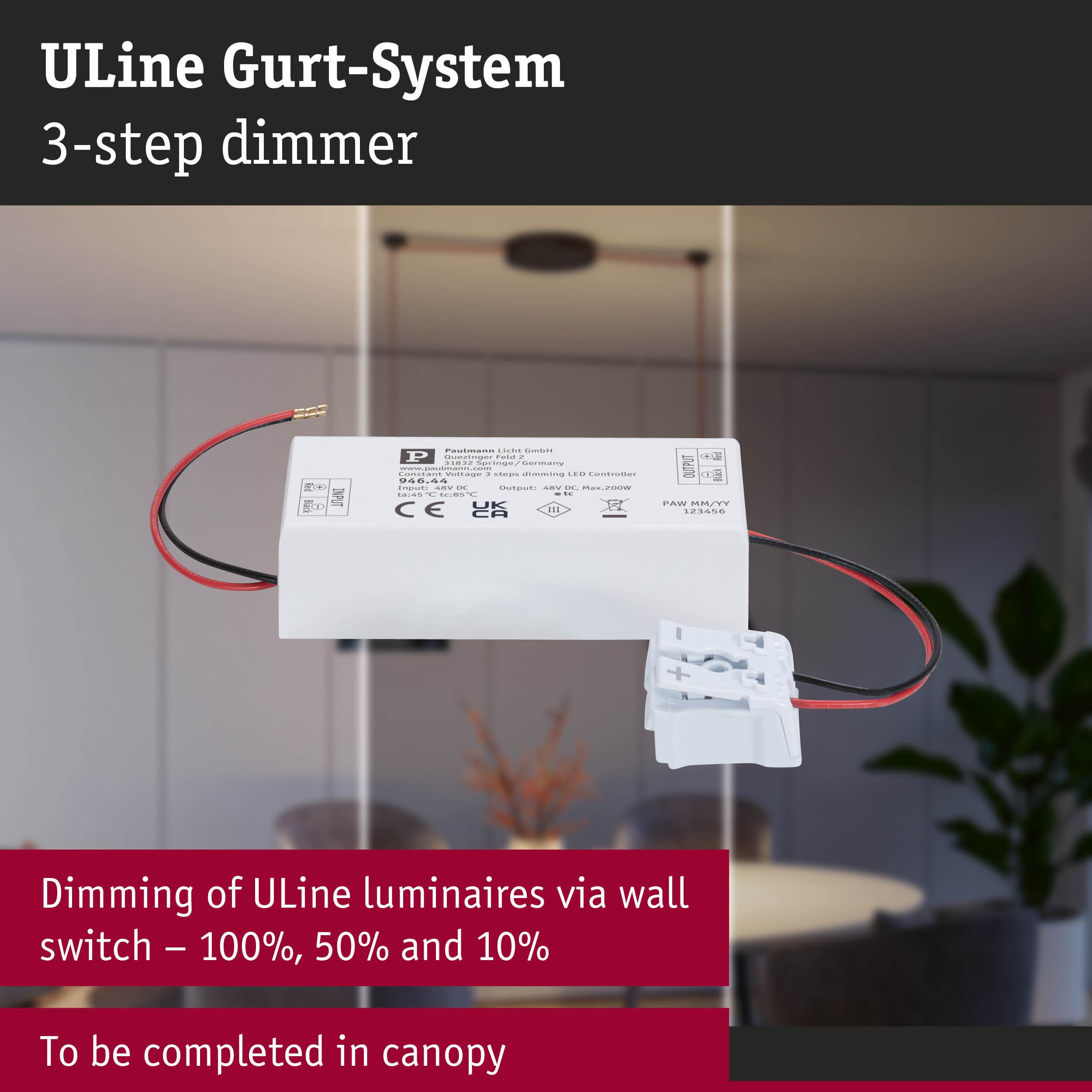 White ULline 3-step dimmer with wires for wall control of LED luminaires indoors