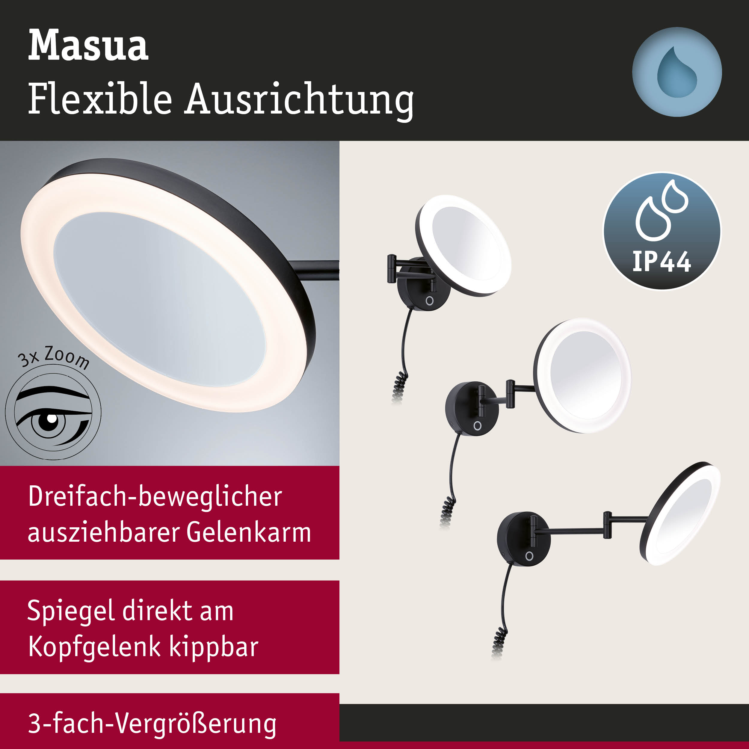 Schwarzer Masua LED-Spiegel mit flexibler Ausrichtung und IP44 Schutz für Badezimmerbeleuchtung