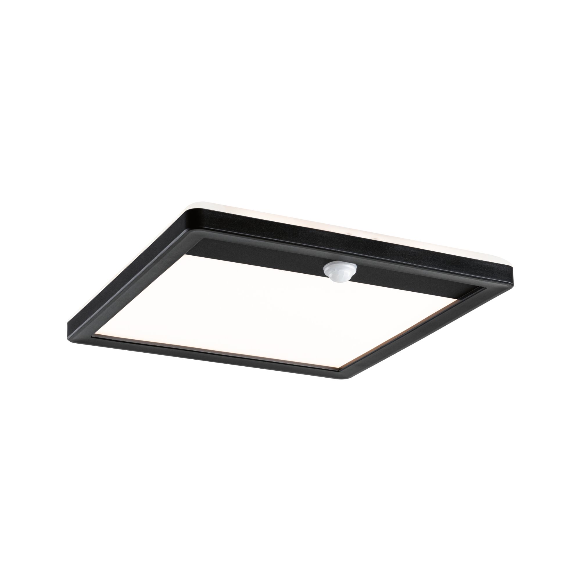 Plafonnier LED carré noir avec détecteur de mouvement et diffuseur blanc pour éclairage moderne