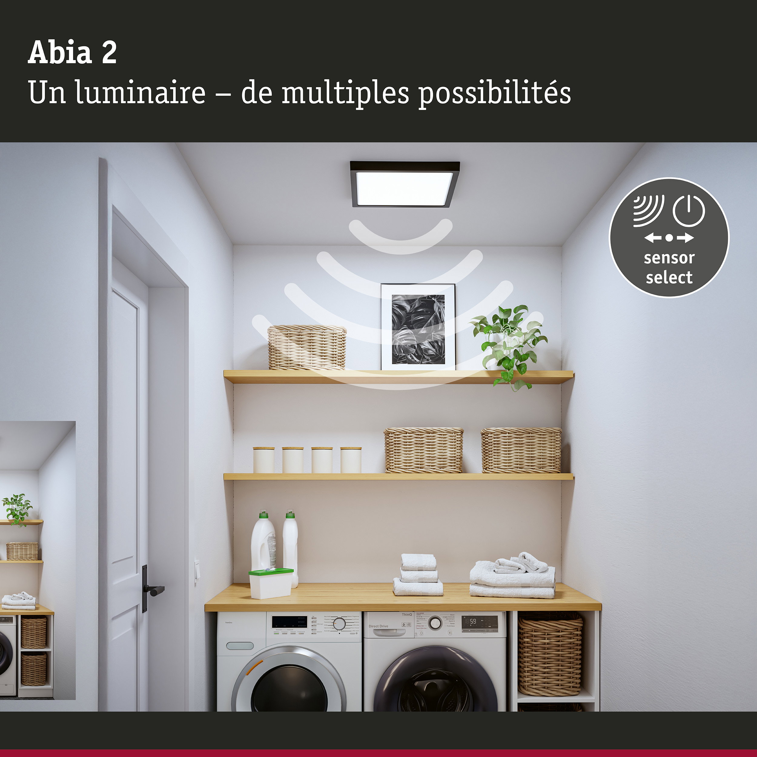 Panneau LED Abia 2 White Select Détecteur de mouvement crépusculaire (HF) carré 400x400mm 16W 1400lm White Select Noir