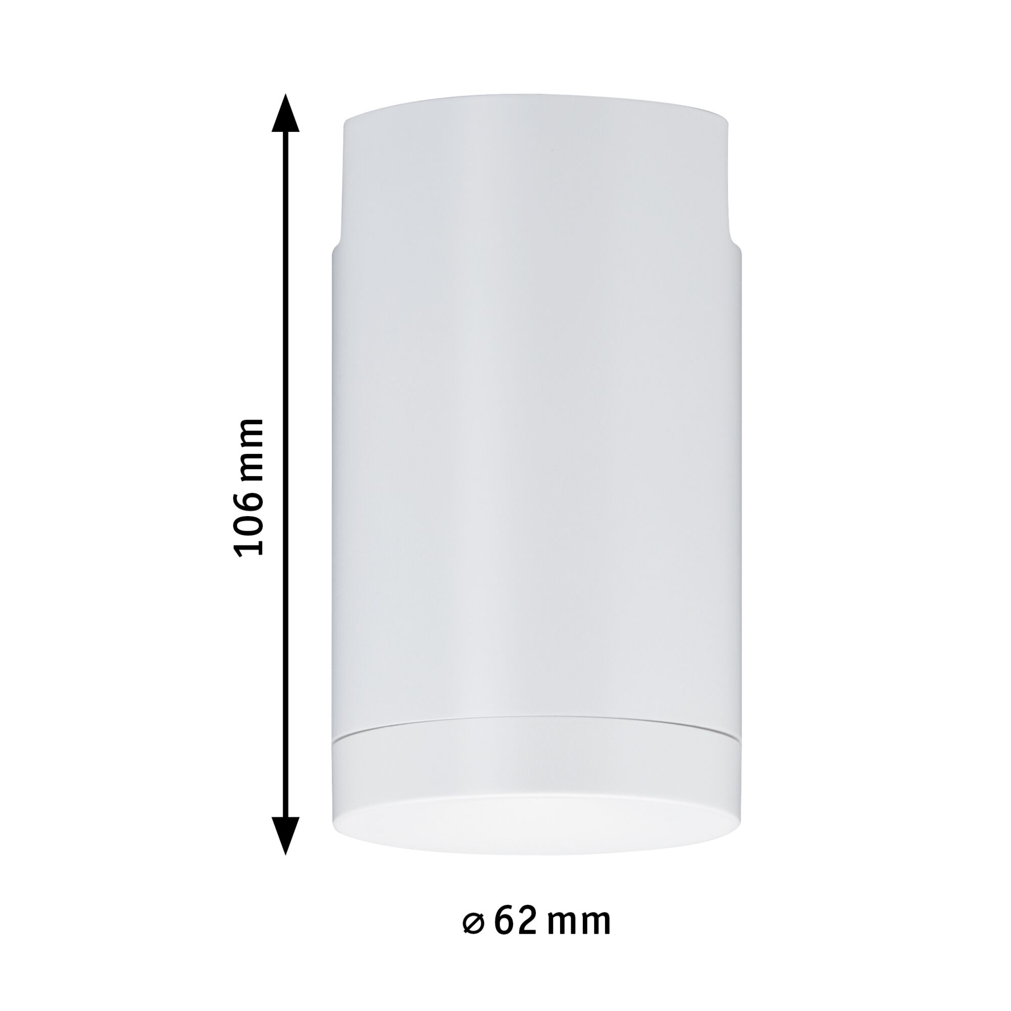 White cylindrical metal LED ceiling spotlight with 106 mm height and 62 mm diameter