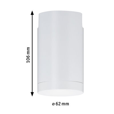 Weißer zylindrischer LED-Deckenstrahler aus Metall mit 106 mm Höhe und 62 mm Durchmesser