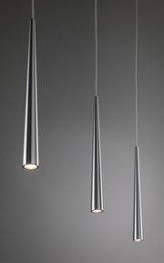 Three slim pendant lights in brushed silver aluminum with warm white LED illumination.