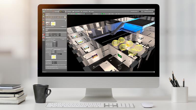 Computerbildschirm zeigt Lichtplanungssoftware mit 3D-Modell eines modernen Innenraums für Lichtdesign.