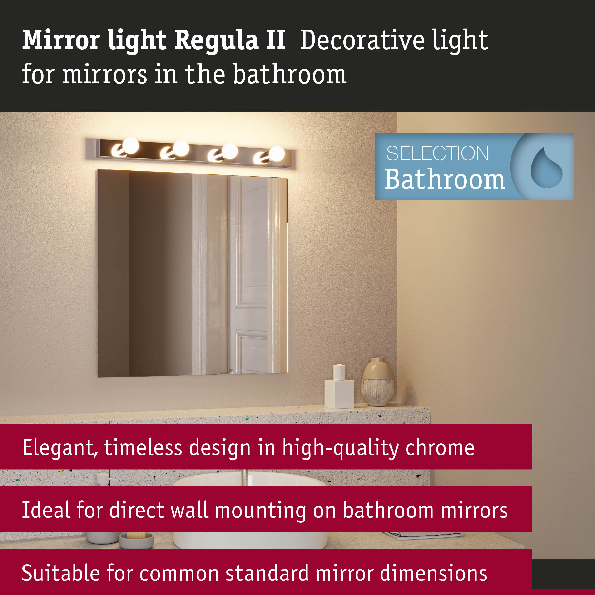 Set Mirror light Regula II including light source 4-lamp IP44 E14 2700K 4x470lm 230V 4x4,5W dimmable Chrome/Opal