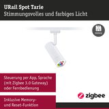 Weißer URail Spot Tarie LED-Strahler mit farbigem Licht und Zigbee 3.0 Steuerung per App und Sprache