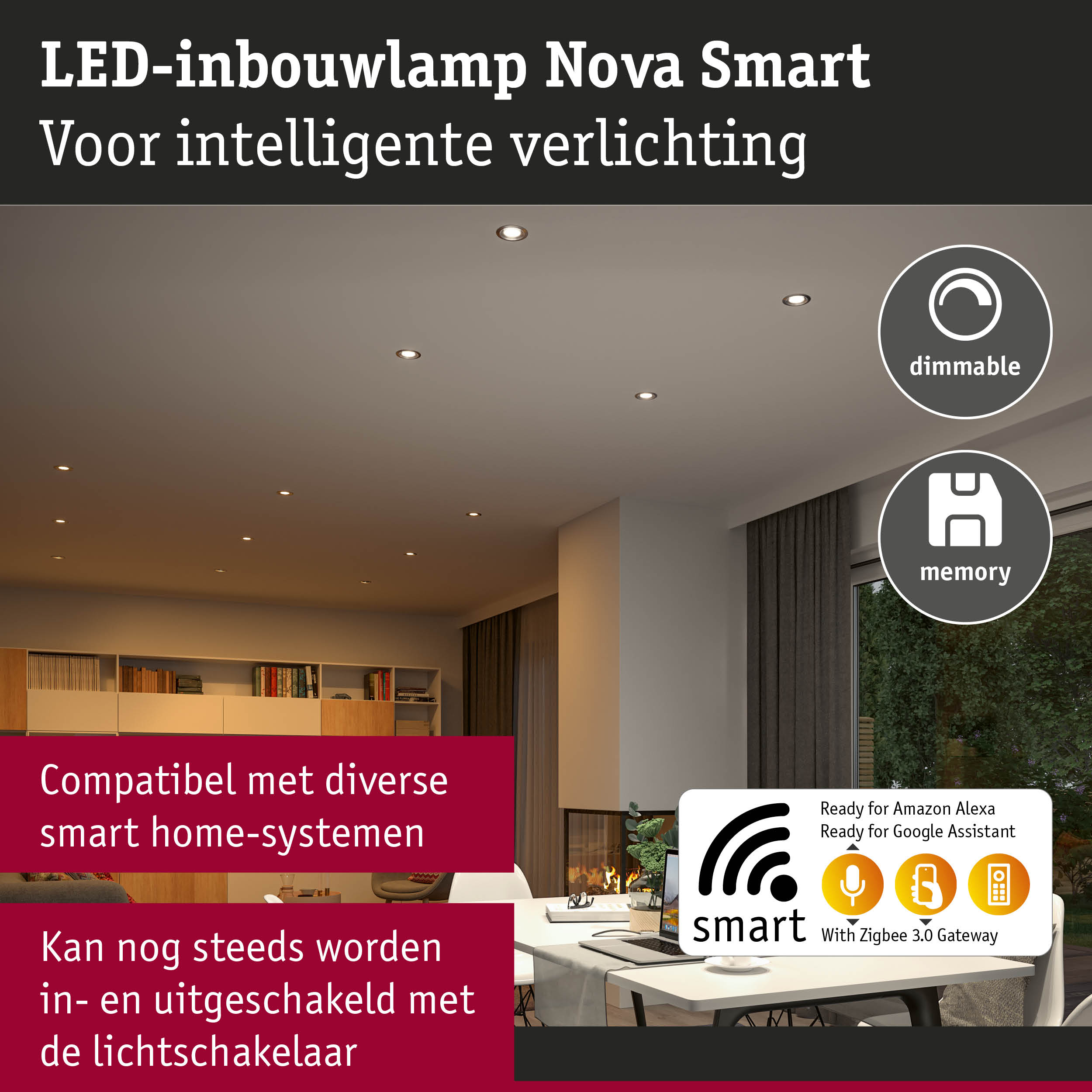 LED-inbouwlamp Nova Smart dimbaar met geheugenfunctie voor slimme verlichting, compatibel met Alexa en Google