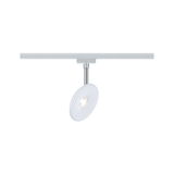 Modern white LED spotlight with round lamp and adjustable chrome rod for track lighting systems