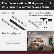 Système de rail modulaire URail en aluminium noir et blanc pour éclairage LED flexible.