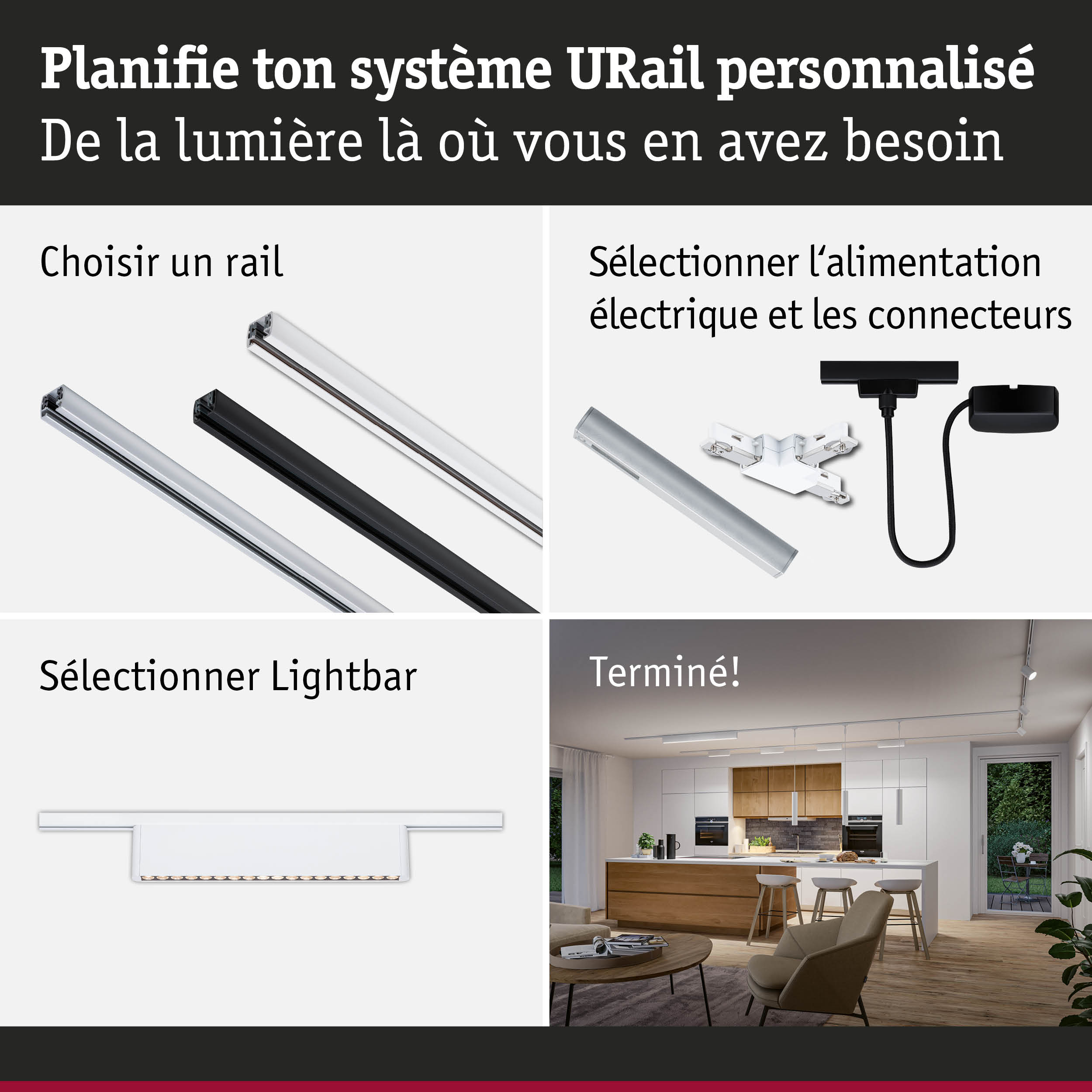 Système de rail modulaire URail en aluminium noir et blanc pour éclairage LED flexible.