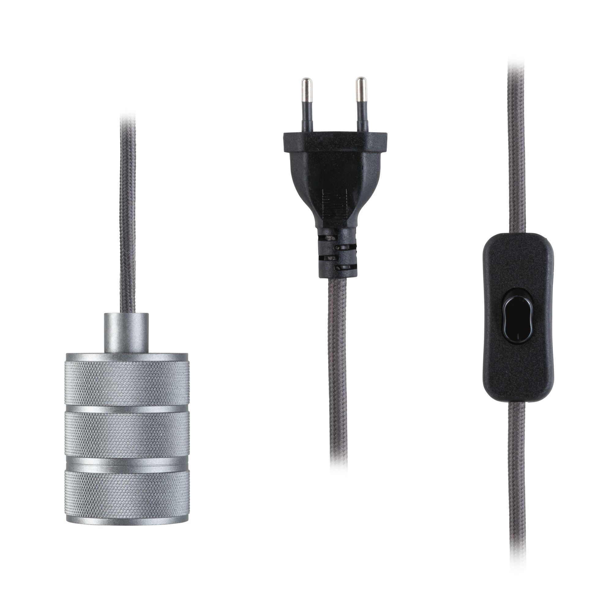 Graues Textilkabel mit silberner Metallfassung, schwarzem Schalter und Euro-Stecker für Lampenanschluss