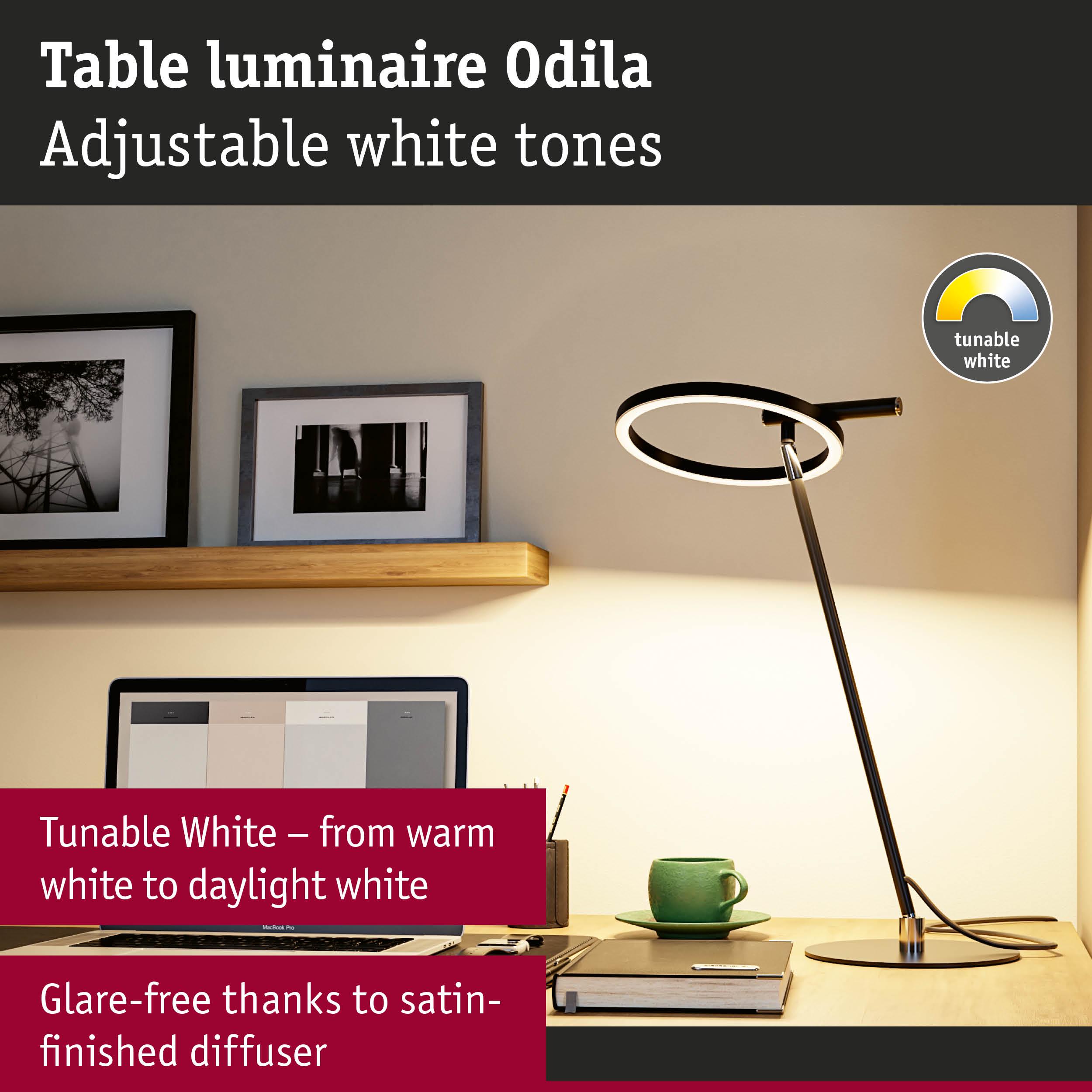 Modern black Odila table lamp with adjustable white tones and satin-finished diffuser for glare-free lighting