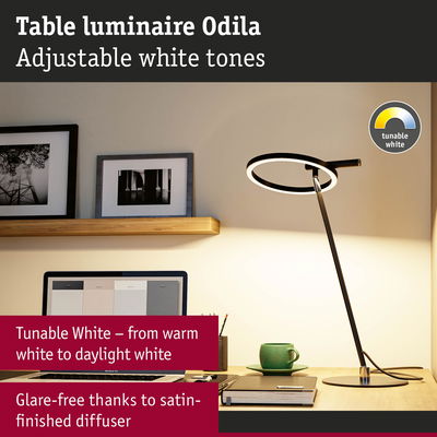 Modern black Odila table lamp with adjustable white tones and satin-finished diffuser for glare-free lighting