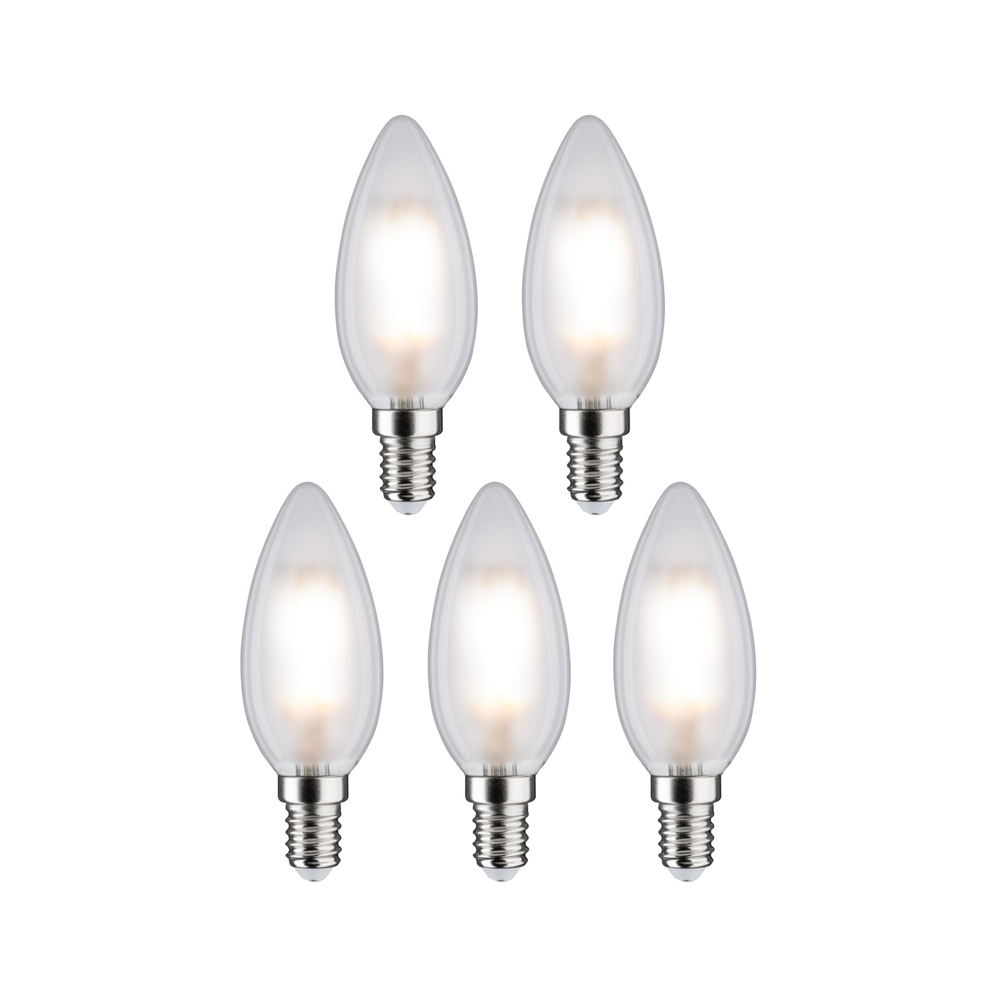 Fünf matte LED-Kerzenlampen mit E14-Fassung in klarer Glasoptik für energiesparende Beleuchtung