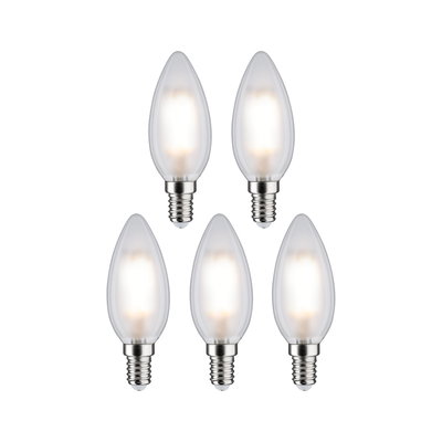 Fünf matte LED-Kerzenlampen mit E14-Fassung in klarer Glasoptik für energiesparende Beleuchtung