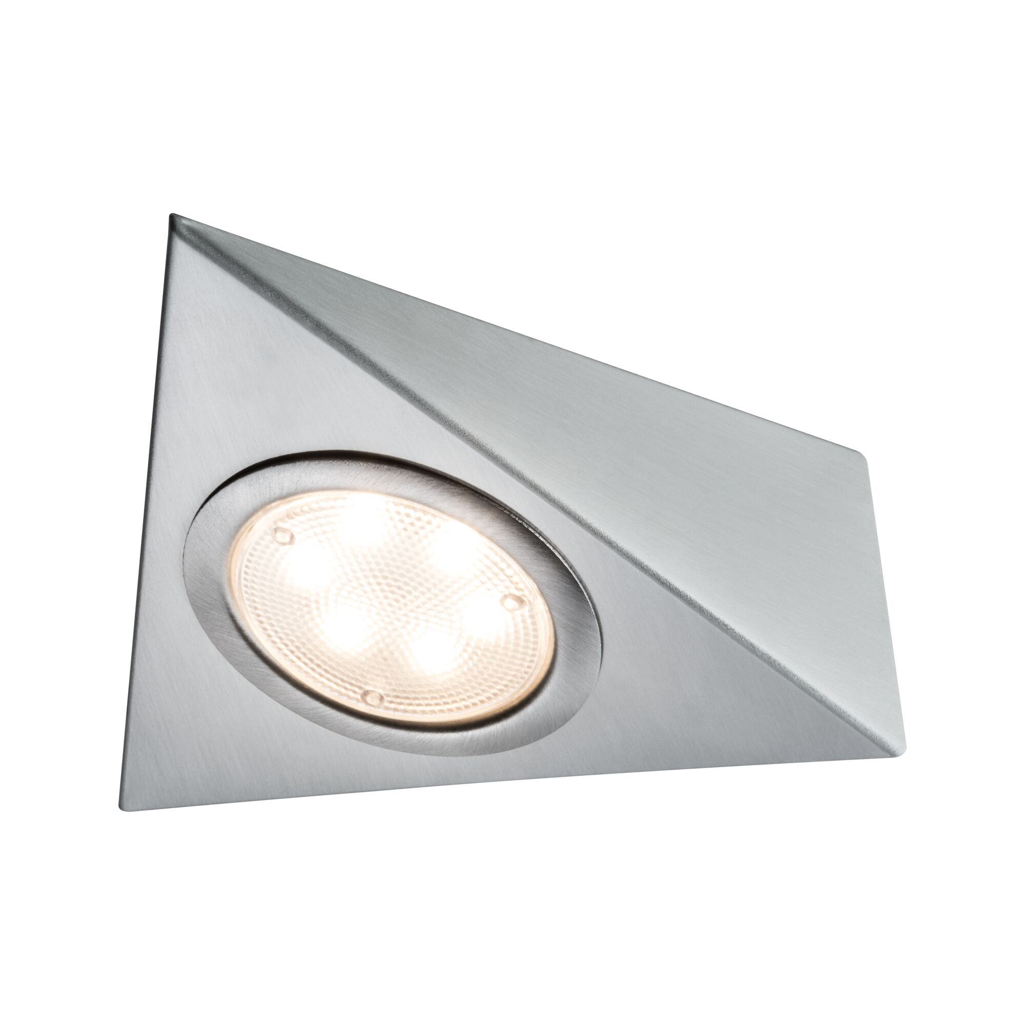 Dreieckiger Einbau-LED-Strahler aus gebürstetem Edelstahl mit warmweißem Licht für moderne Innenbeleuchtung
