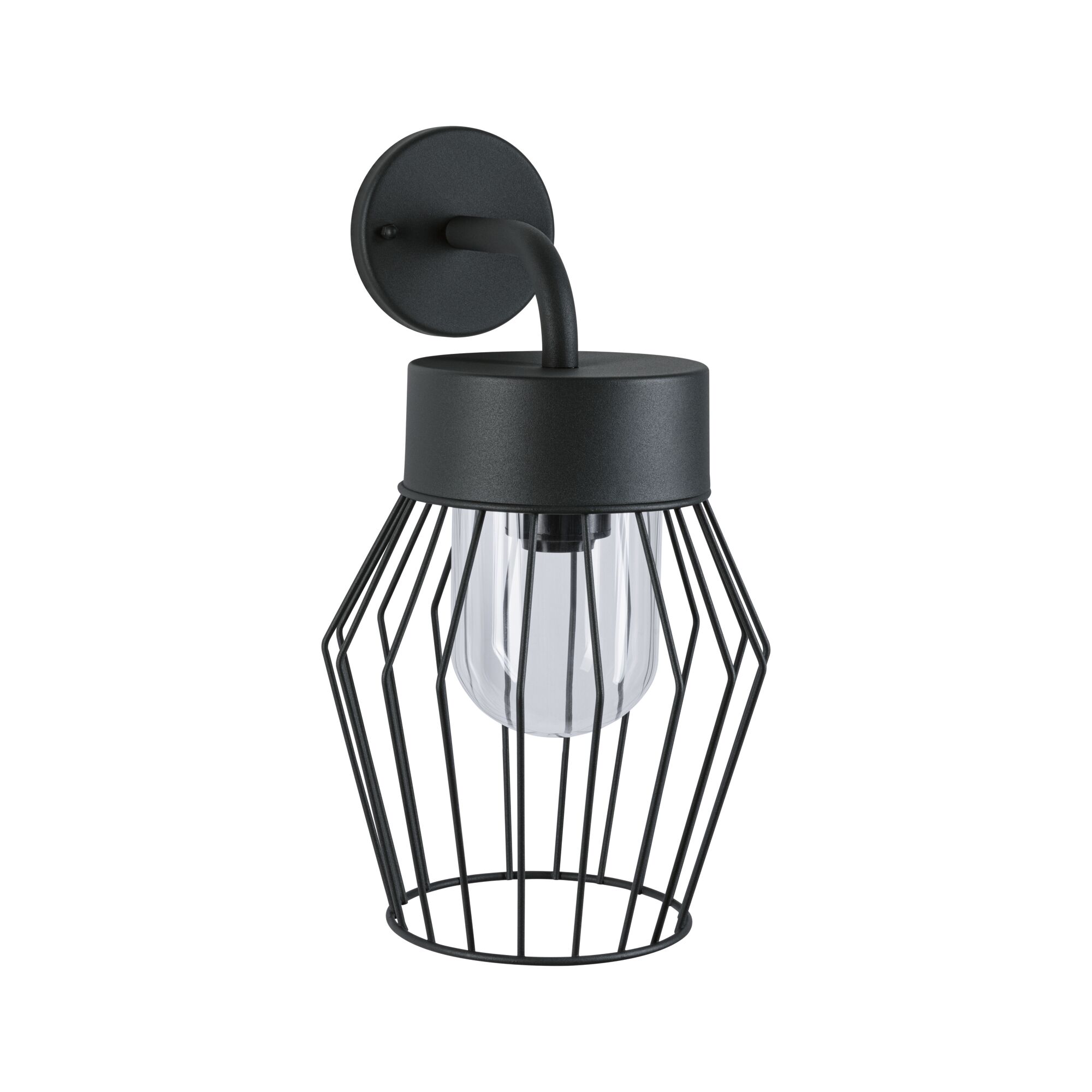 Schwarze Wandlampe aus Metall mit Drahtkorb und klarem Glas für moderne Innenbeleuchtung