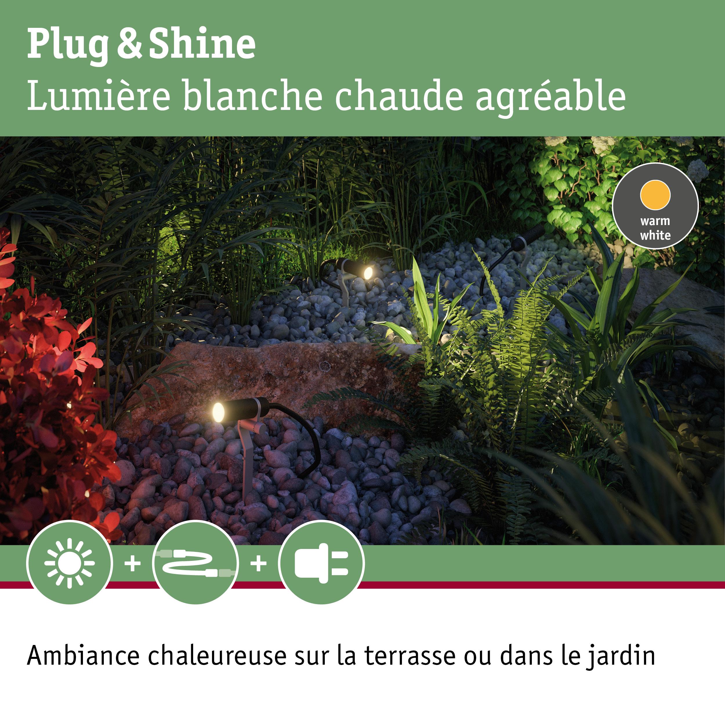 Projecteurs LED Plug & Shine blanc chaud éclairant galets et plantes pour ambiance chaleureuse extérieure.
