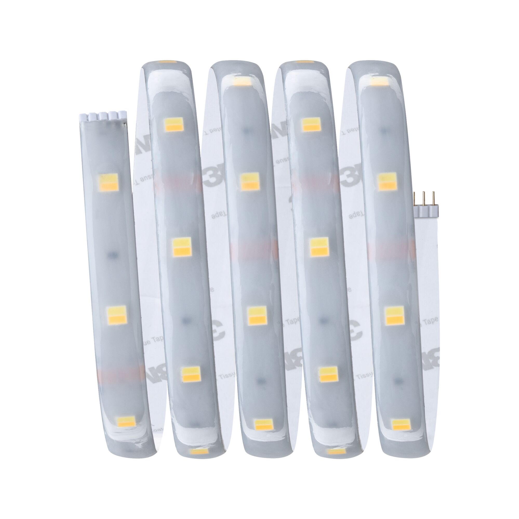 Flexibler LED-Lichtstreifen mit weißen LEDs und selbstklebender Rückseite für vielseitige Beleuchtung.