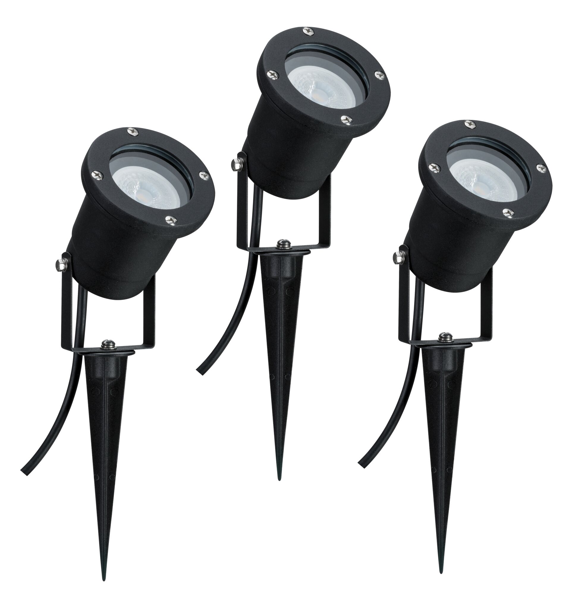 Three black LED garden spotlights with plastic ground spikes for outdoor lighting and garden illumination.