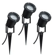 Drei schwarze LED-Gartenstrahler mit Erdspieß aus Kunststoff für Außenbeleuchtung und Gartenlicht.