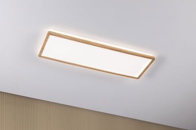 Rechteckige Deckenleuchte mit Holzrahmen und warmweißem LED-Licht für modernes Wohnambiente