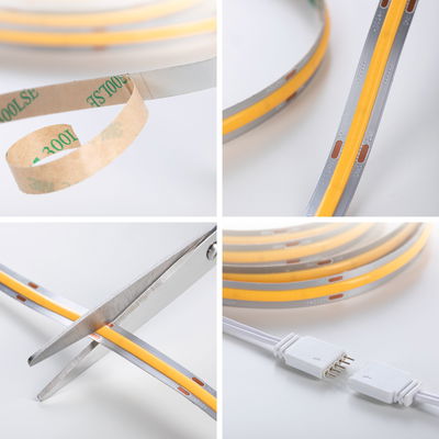 LED strip light with yellow light strip, self-adhesive back, cuttable and plug connector included.