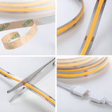 LED strip light with yellow light strip, self-adhesive back, cuttable and plug connector included.