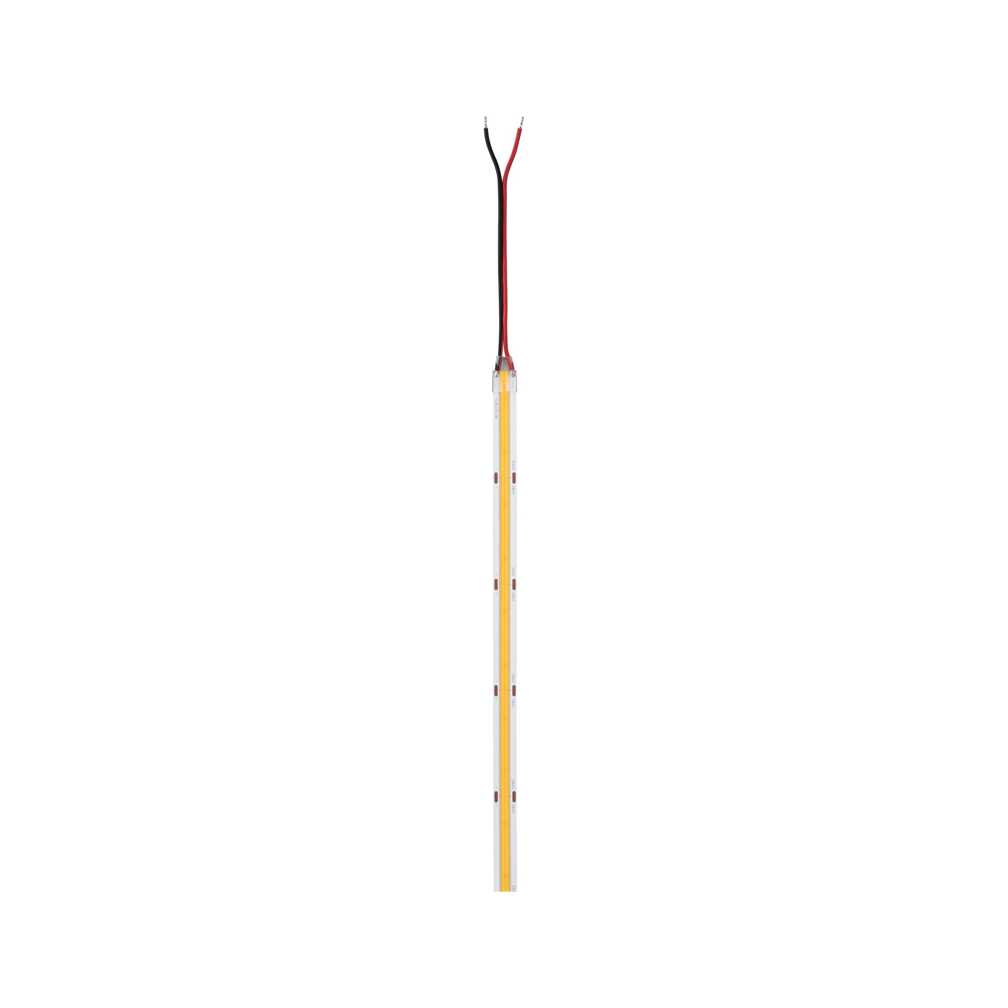Bande LED fine avec boîtier transparent et fils de connexion rouge et noir pour éclairage.