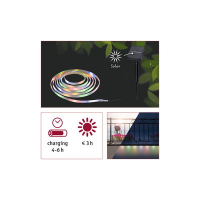 Bunte Solar-LED-Lichterkette mit schwarzem Solarpanel und Ladezeitangabe für Außenbeleuchtung.
