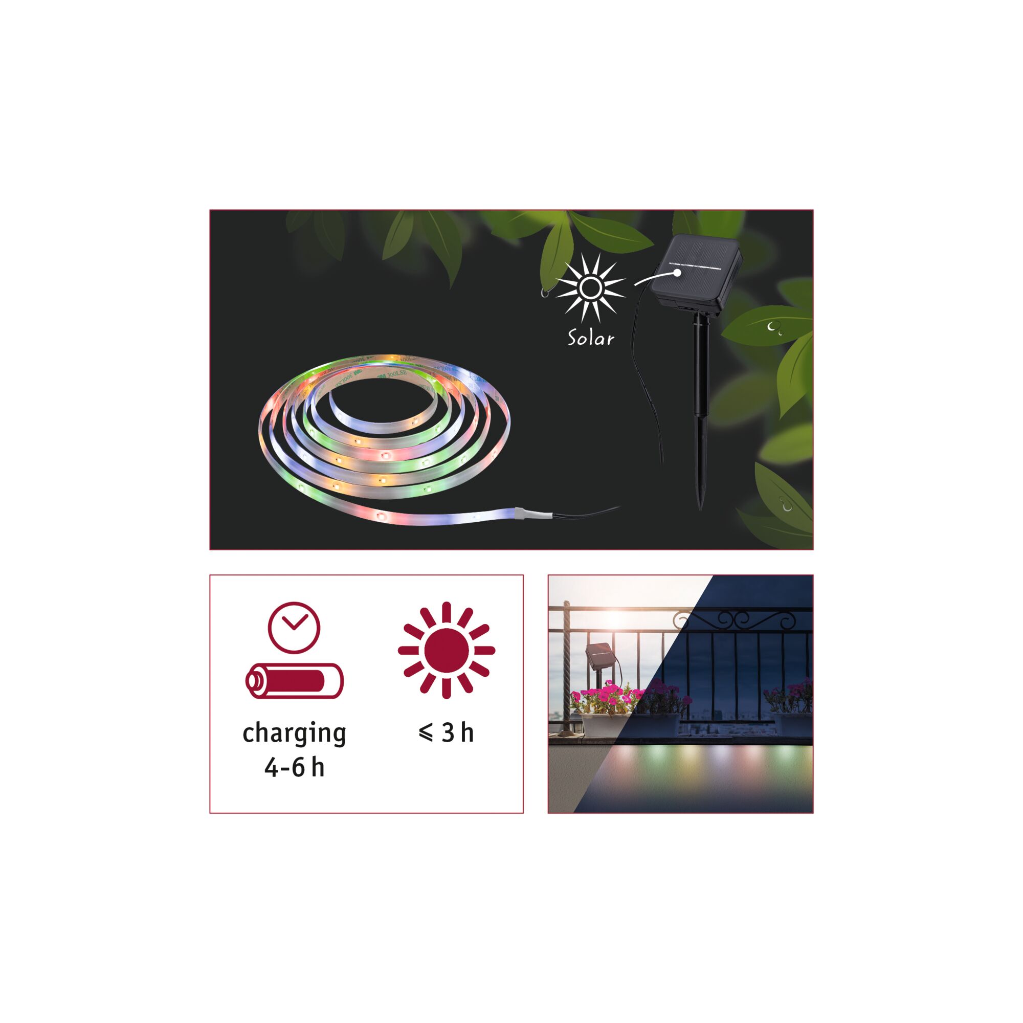 Colorful solar LED strip with black solar panel and charging time info for outdoor lighting.