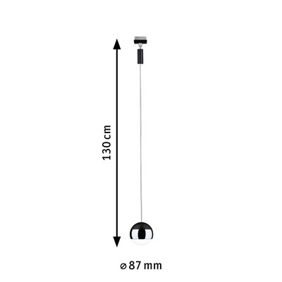 Black pendant light with 87 mm diameter and 130 cm length, modern LED hanging lamp for living spaces