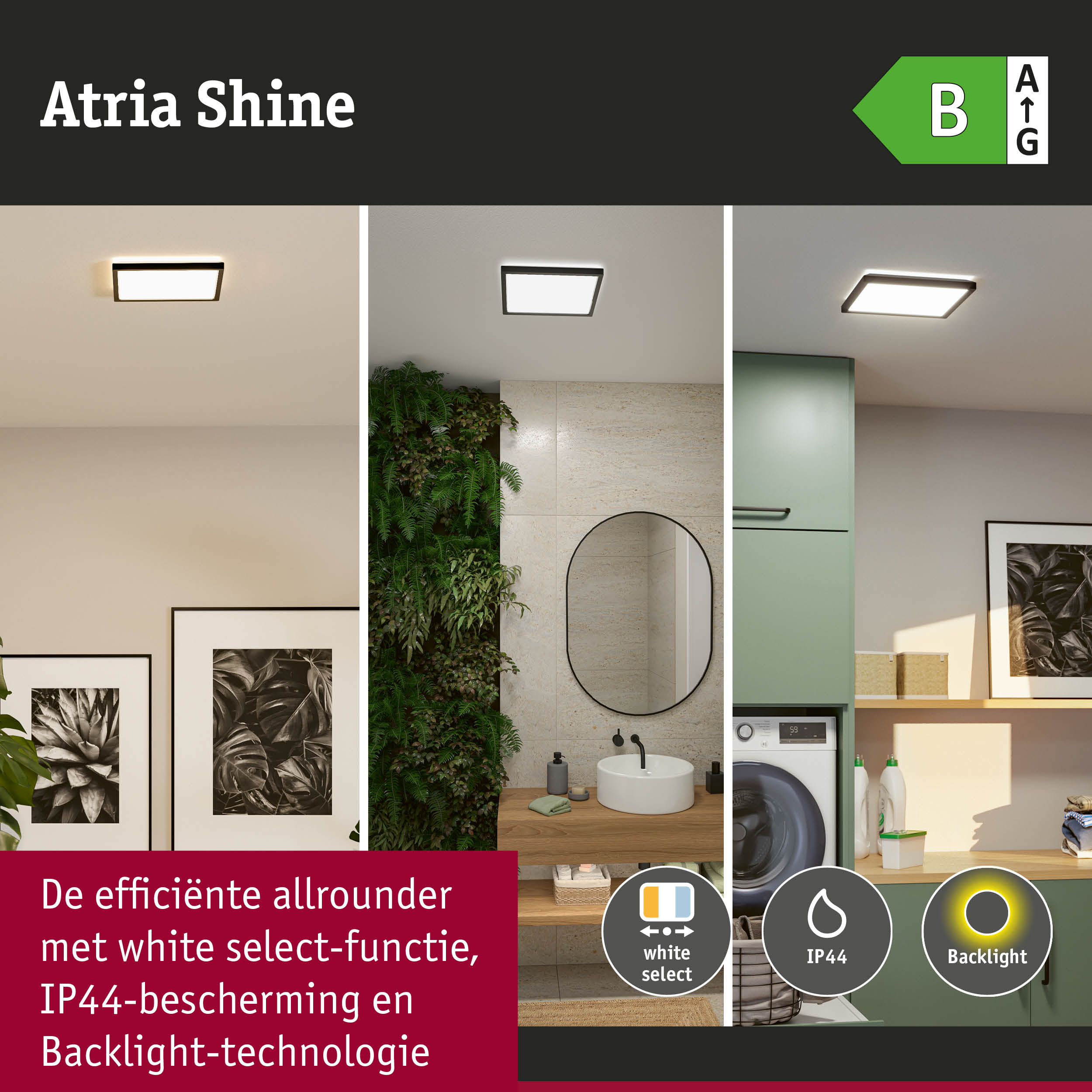 Atria Shine LED-plafondlamp met white select-functie, IP44-bescherming en backlight-technologie