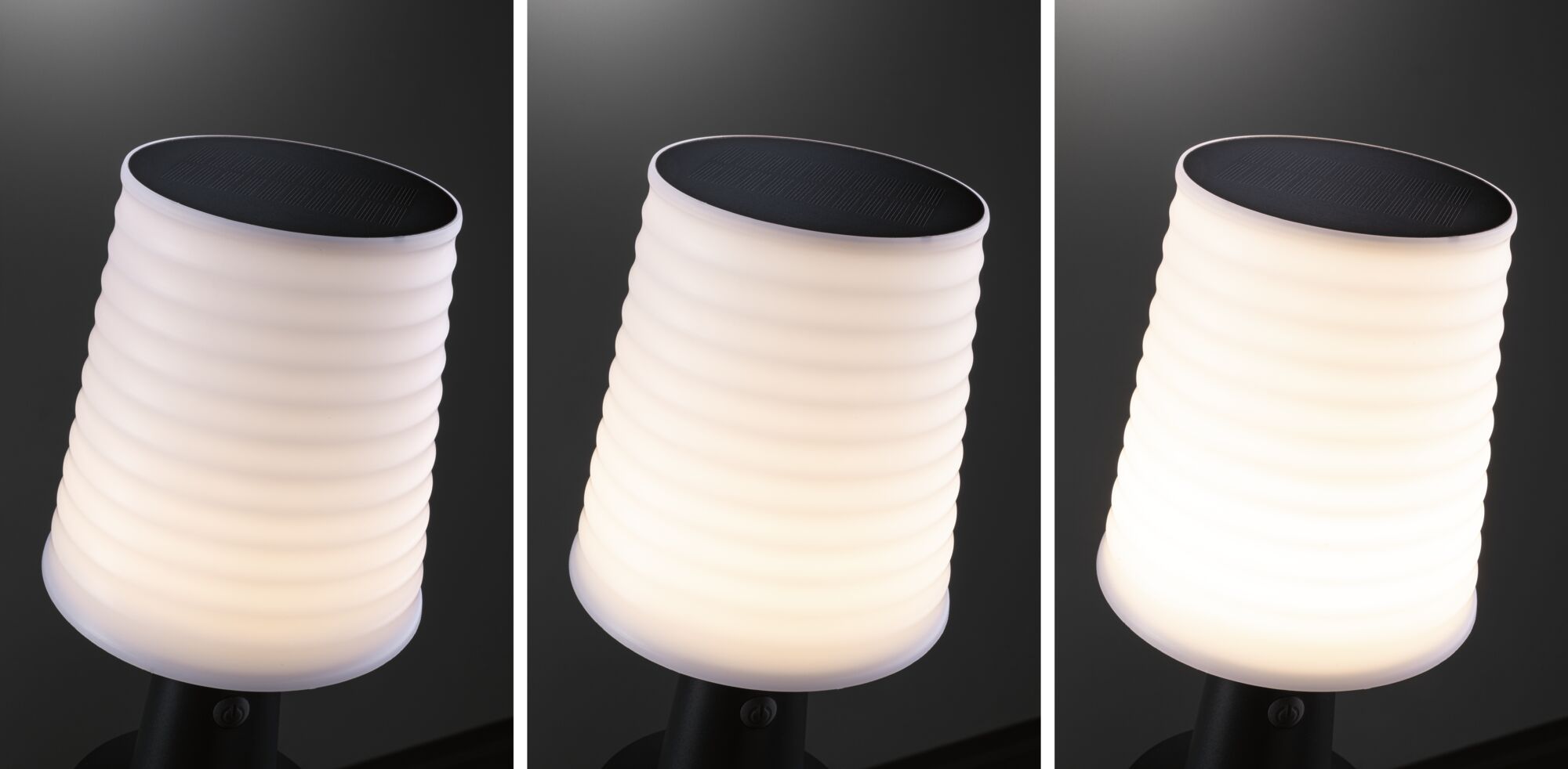 White LED solar light with ribbed plastic shade and black solar panel for outdoor lighting