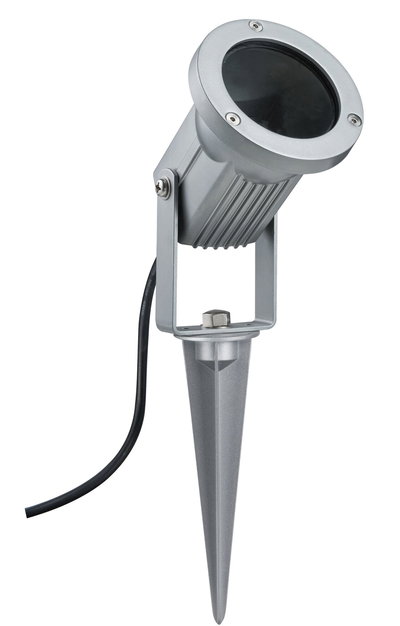 Silver aluminum garden spotlight with ground spike and black cable for outdoor lighting.