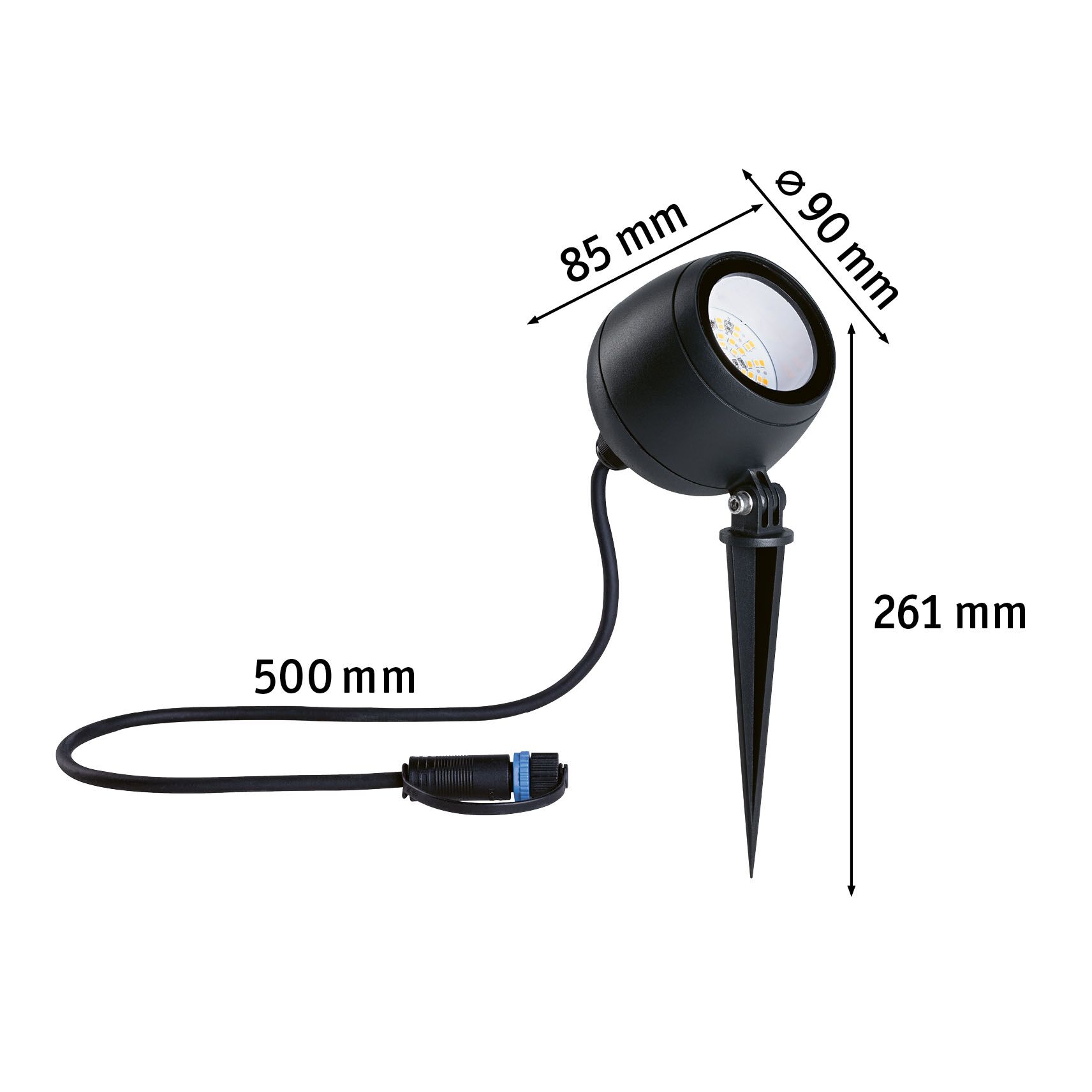 Black LED garden spotlight with ground spike and cable, 90 mm diameter, 261 mm height, 500 mm cable length.