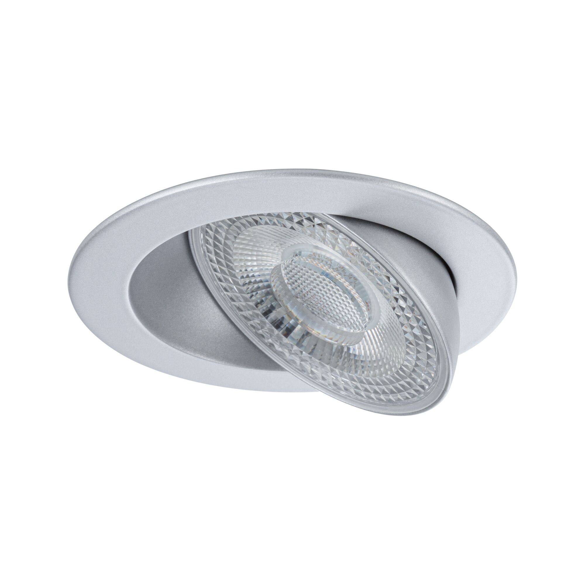 Rund einstellbarer Einbaustrahler aus silbernem Aluminium mit klarem Glas und LED-Technik