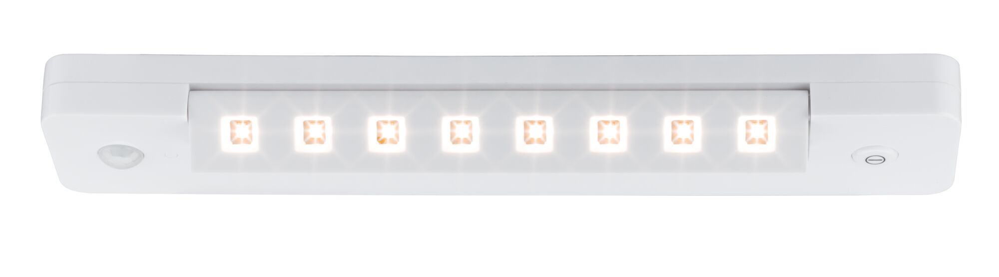 Weißes LED-Unterbauleuchte mit acht warmweißen LEDs und Bewegungsmelder für energiesparende Beleuchtung