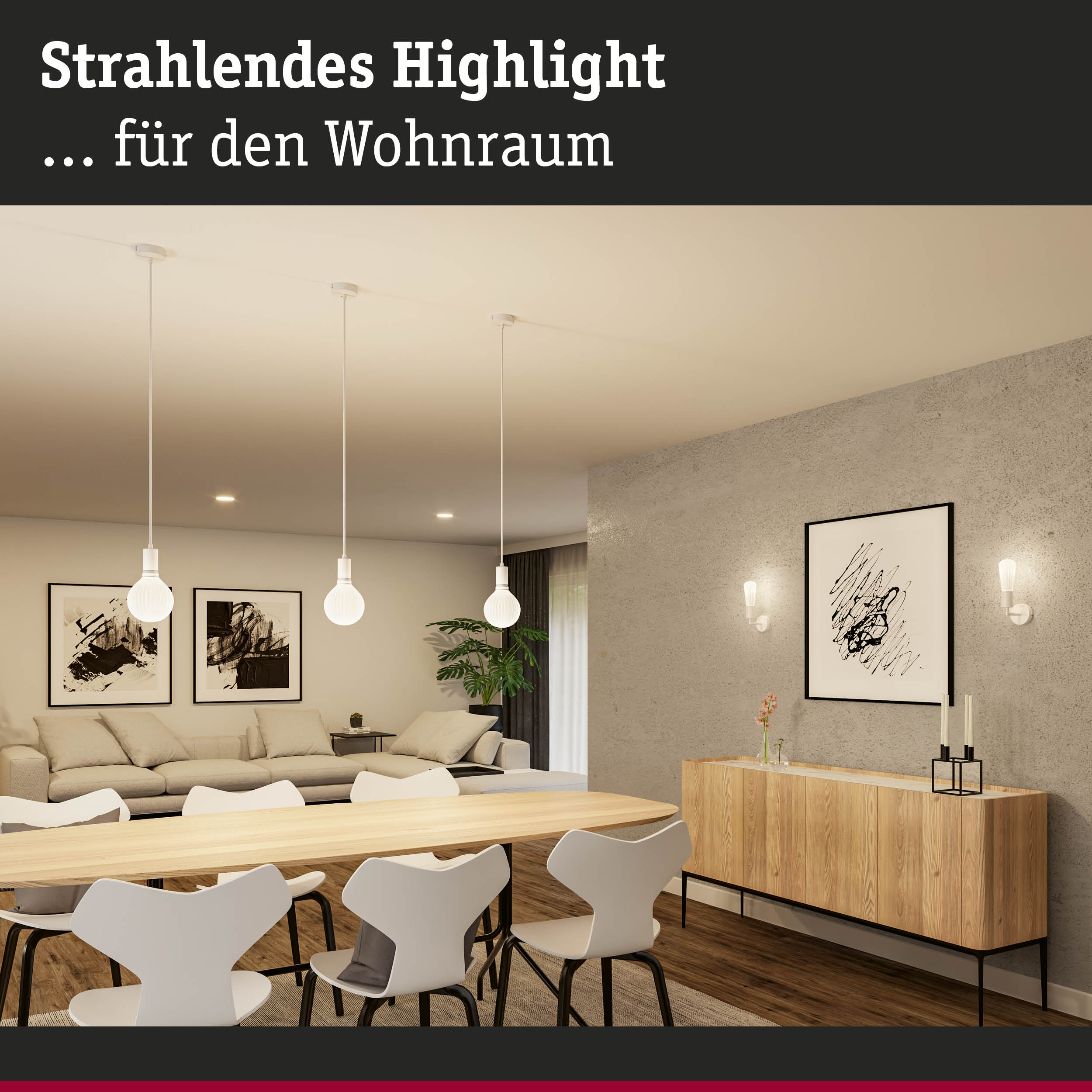 Moderne weiße Pendelleuchten aus Glas in Wohnzimmer mit Holz-Esstisch und beigen Möbeln