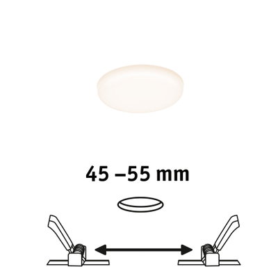 Round LED recessed ceiling light with white diffuser and 45-55 mm installation size for living spaces