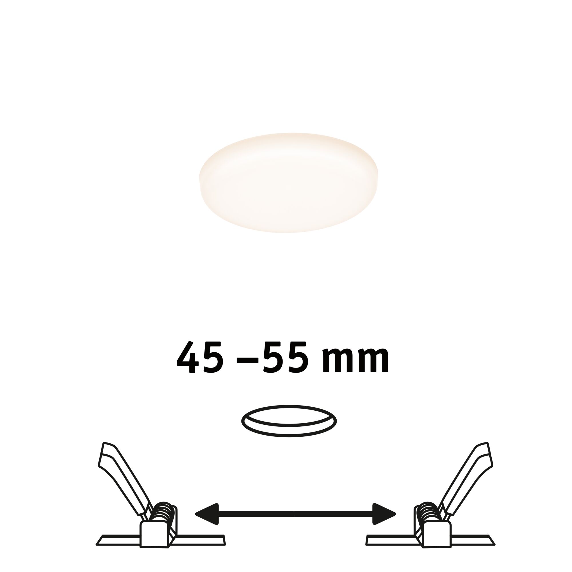 Round LED recessed ceiling light with white diffuser and 45-55 mm installation size for living spaces