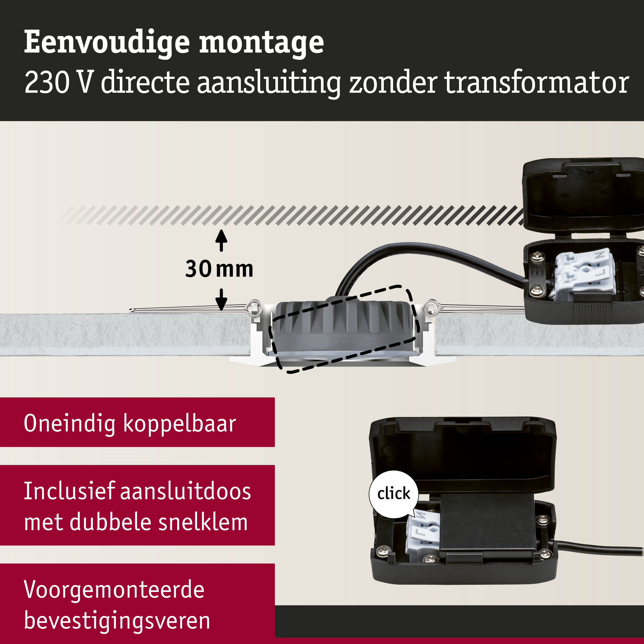 Montagehandleiding voor 230 V directe aansluiting zonder transformator met aansluitdoos en snelklemmen